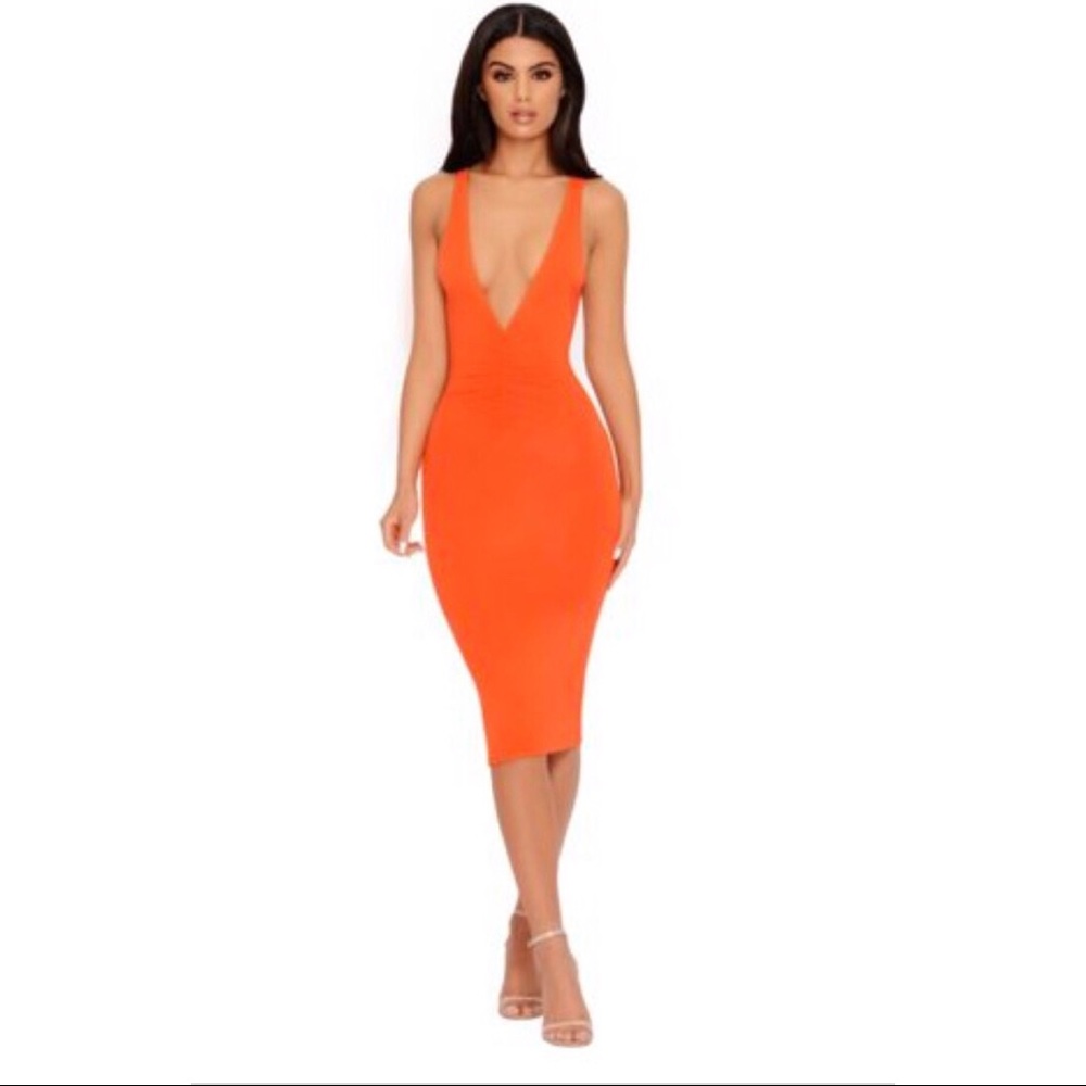 Oh Polly Orange Plunge Midi Dress
